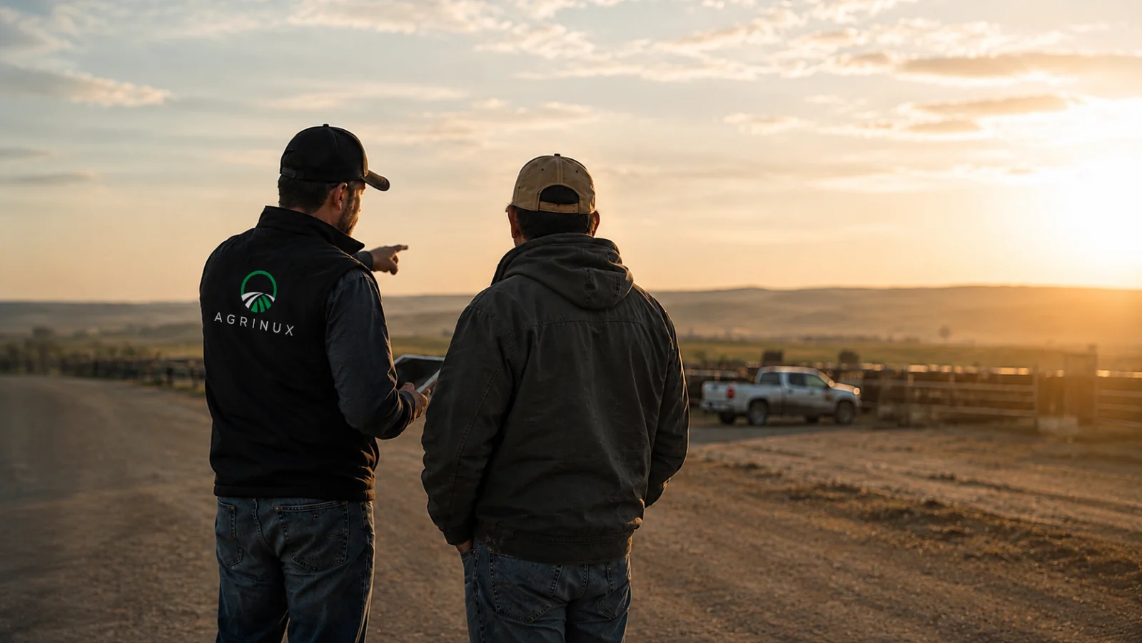 Agrinux consultant and producer reviewing a Flint Hills operation at sunset