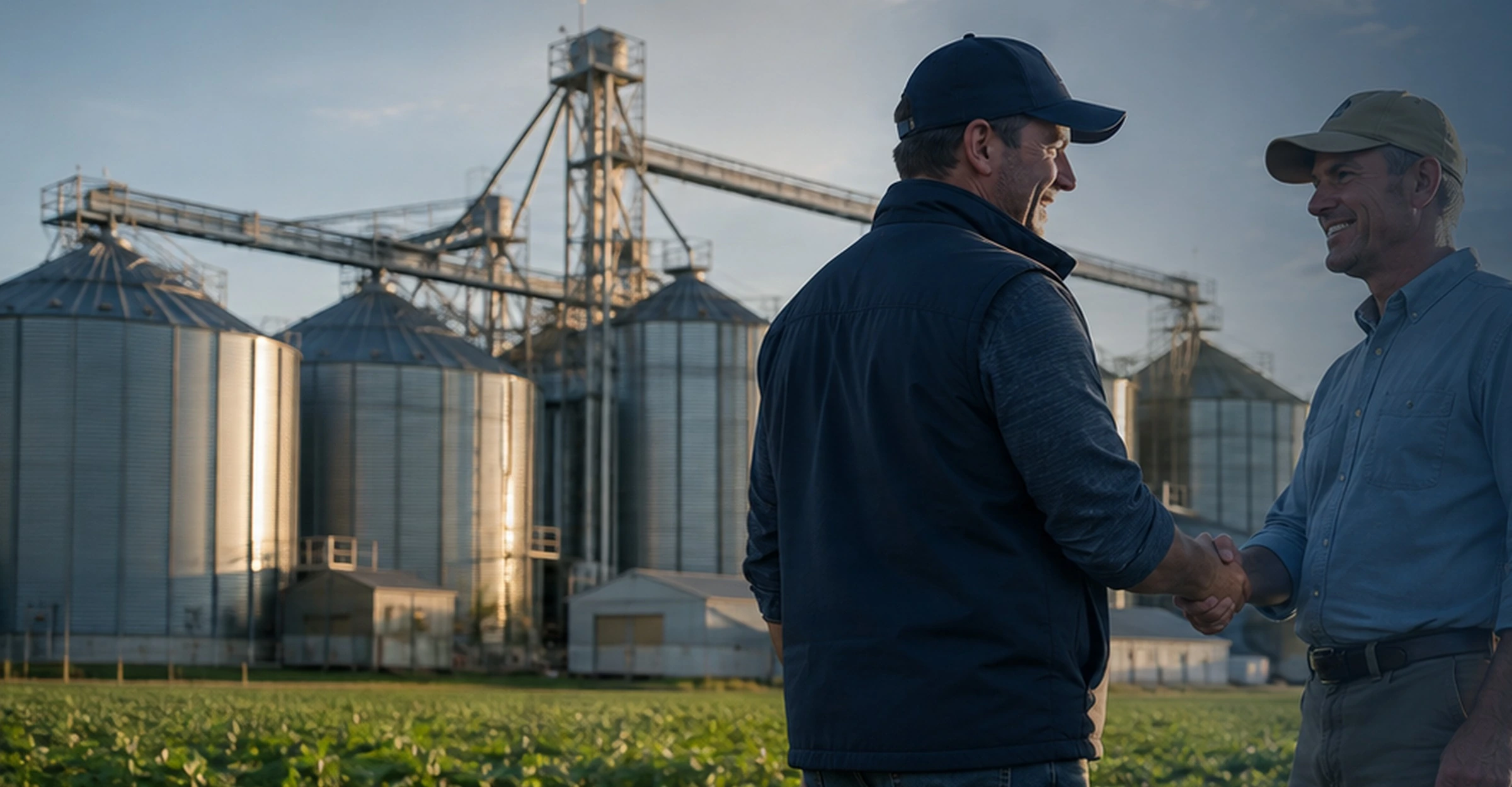 Agricultural professionals collaborating beside agricultural infrastructure
