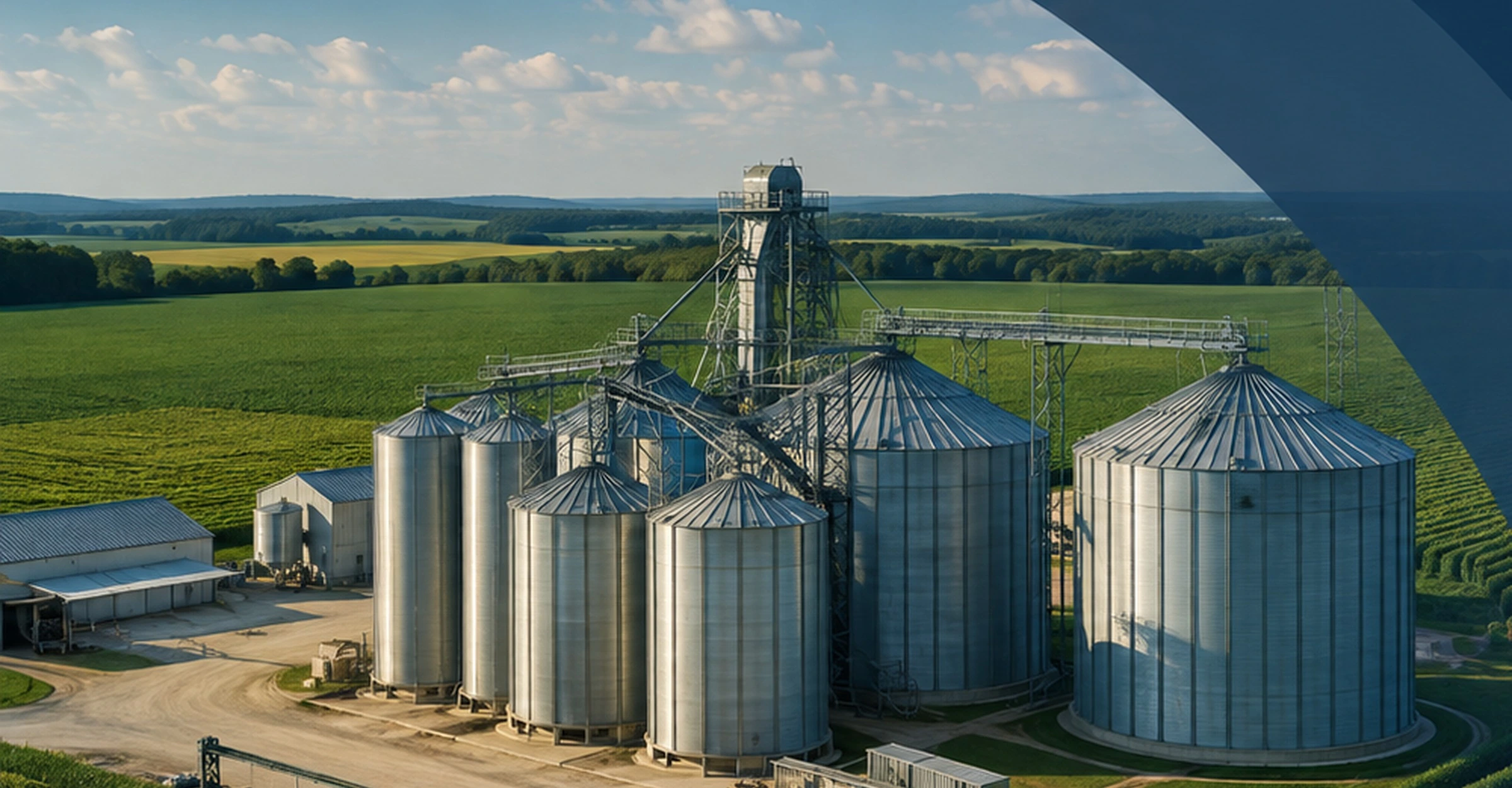Agricultural grain infrastructure surrounded by production fields